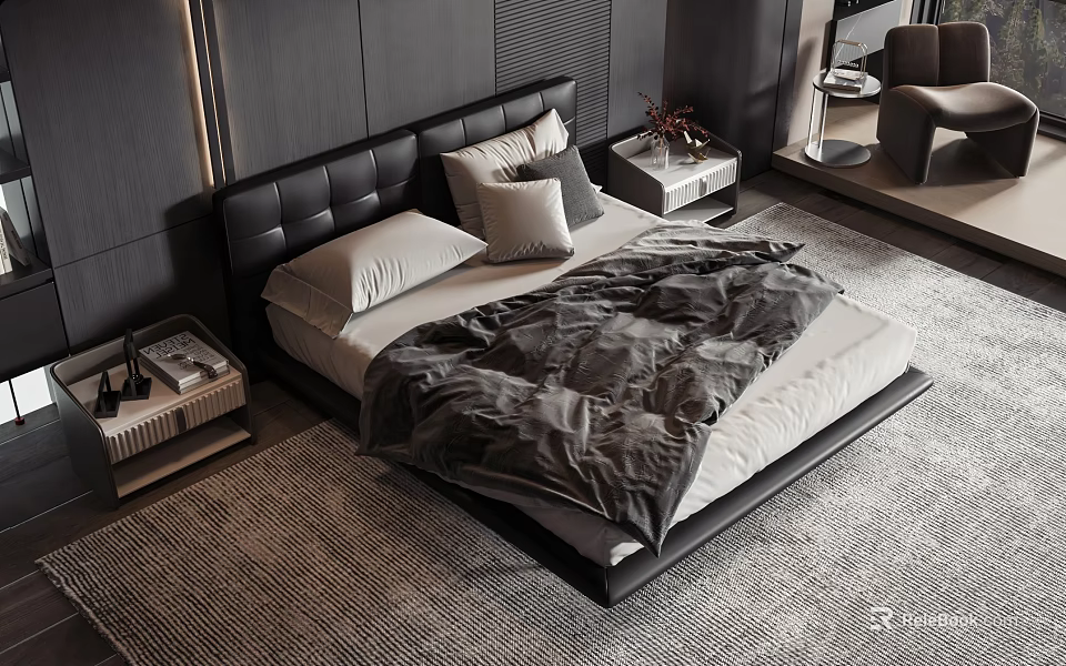 Modern Double Bed With Black Leather Headboard Grey White Pillows And Nightstands 3d model 