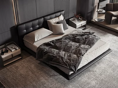 Modern Double Bed With Black Leather Headboard Grey White Pillows And Nightstands 3d model