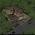 Two Story Detached Villa with Brown Roof Terrace and Driveway Surrounded by Lush Green Trees