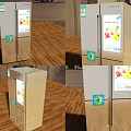Stainless Steel Double Door Refrigerator With Fruit Display On Wooden Countertop