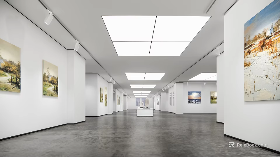 Long Art Gallery Interior With White Walls Hanging Paintings Dark Flooring And Ceiling Lights 3d model 