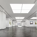 Long Art Gallery Interior With White Walls Hanging Paintings Dark Flooring And Ceiling Lights