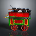 Colorful Vintage Food Cart With Red Green Body And Black Bowls On Wheels