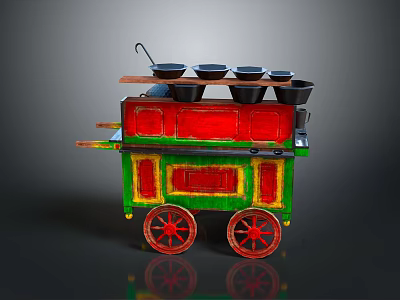 Colorful Vintage Food Cart With Red Green Body And Black Bowls On Wheels 3d model