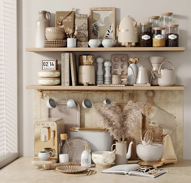 Cozy Home Decorative Ornament Set With Ceramic Jars Mugs And Vases On Kitchen Shelves 3d model 