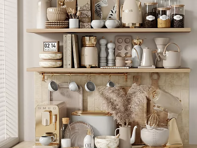 Cozy Home Decorative Ornament Set With Ceramic Jars Mugs And Vases On Kitchen Shelves 3d model