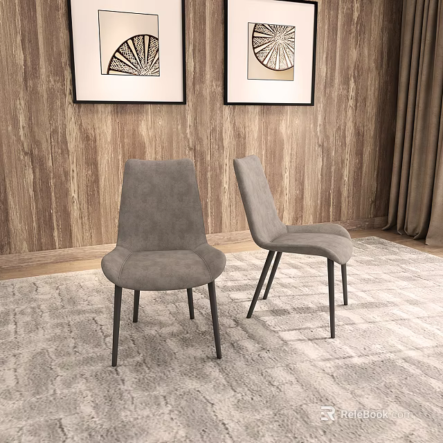 Modern Gray Velvet Dining Chairs With Black Legs On Wooden Wall And Rug Background 3d model 