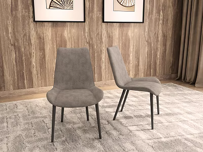 Modern Gray Velvet Dining Chairs With Black Legs On Wooden Wall And Rug Background 3d model