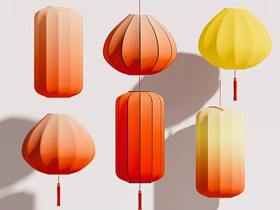Colorful Chinese Lanterns with Gradient Colors Round Oval Shapes and Red Tassels 3d model