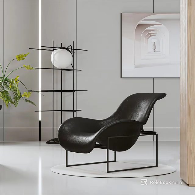 Modern Black Leather Lounge Chair With Metal Frame Artwork And Green Plant In Stylish Interior 3d model 