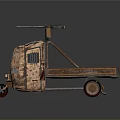 Rusty Military Vehicle With Vintage Design Flatbed Trailer And Roof Mounted Equipment