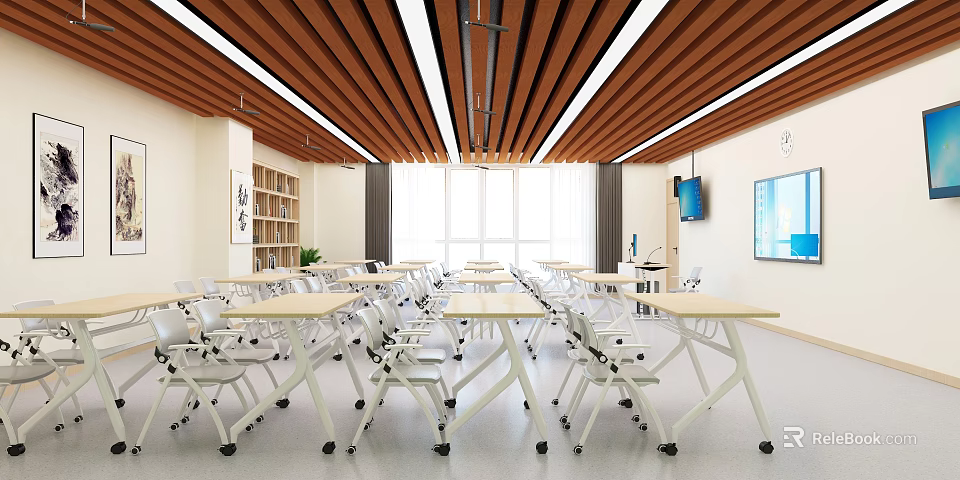 Modern School Classroom Interior With Open Layout Tables Chairs Bookshelves And TV Screen 3d model 