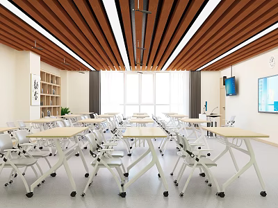 Modern School Classroom Interior With Open Layout Tables Chairs Bookshelves And TV Screen 3d model