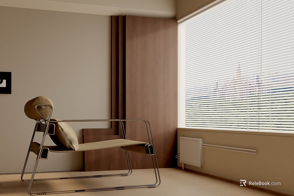 Modern Leisure Chair With Metallic Frame And Beige Cushion By Wooden Wall Window With Blinds 3d model 