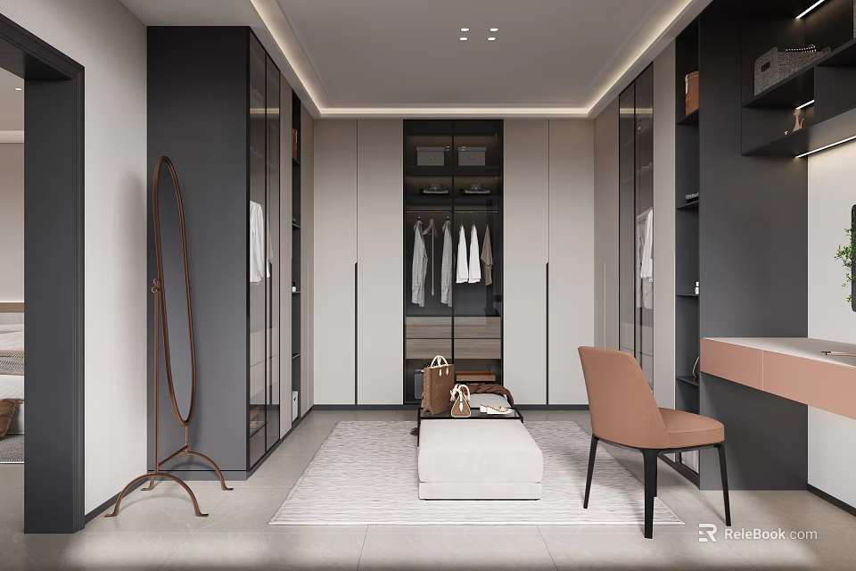 Modern Closet Interior Design With Glass Door Cabinets Full Length Mirror And Pink Chair 3d model 