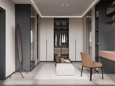 Modern Closet Interior Design With Glass Door Cabinets Full Length Mirror And Pink Chair 3d model