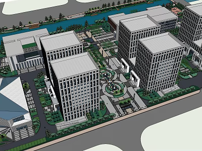 Modern Office Buildings Complex With Landscaped Areas Water Features And Central Plaza 3d model
