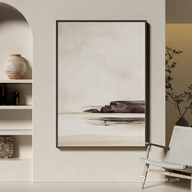 Abstract Watercolor Painting With Stone Reflection On Minimalist Wall With Shelf Vase And Wicker Chair 3d model 