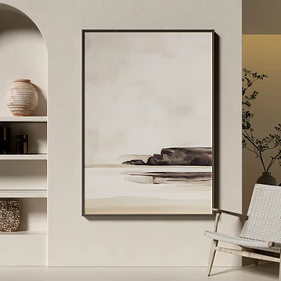 Abstract Watercolor Painting With Stone Reflection On Minimalist Wall With Shelf Vase And Wicker Chair 3d model