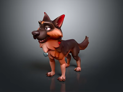 3D Character Dog German Shepherd Style With Brown Black Fur Red Ears Blue Collar Pendant 3d model
