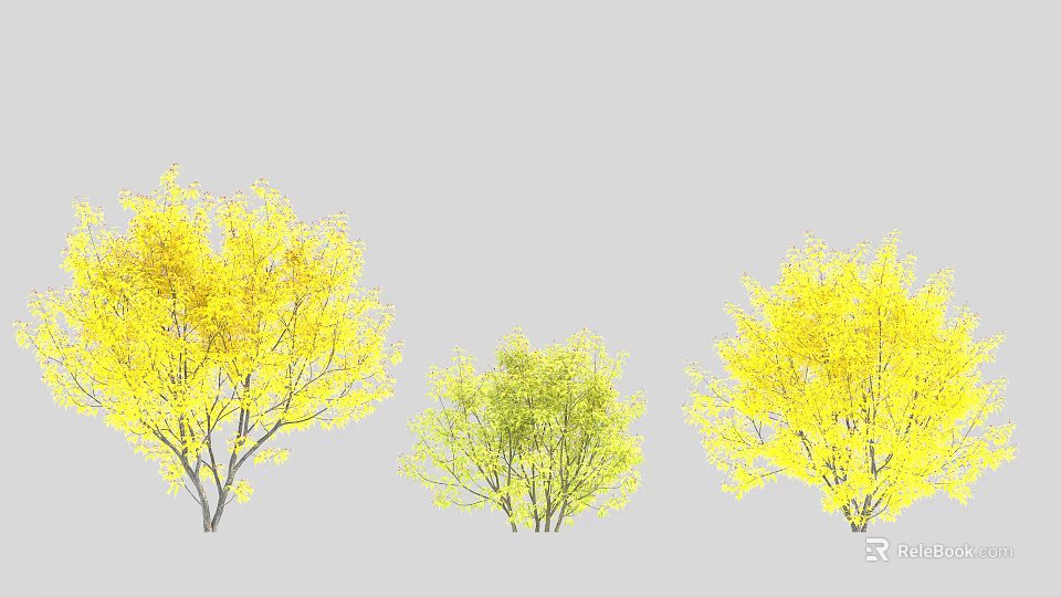 Three Arbor Trees With Yellow And Green Foliage On Gray Background 3d model 
