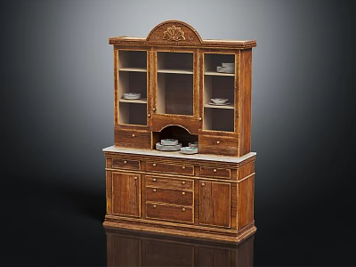 Traditional Wooden Sideboard With Carved Top Glass Doors Dishes Inside And Storage Drawers 3d model