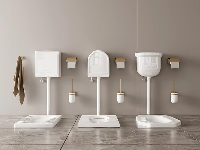 Bathroom Accessories White Squat Toilets with Water Tanks Gold Holders Toilet Brushes and Brown Towel 3d model