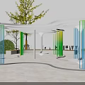 Modern Plaza Landscape With Illuminated Colorful Screens White Structure Wooden Deck And Green Trees