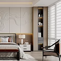 Modern Bedroom Interior With Wavy Line Wall Bedside Lamps And Large Bed 3d model
