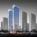 Modern Office Towers With Glass Curtain Wall Urban Skyline And Landscaped Surroundings
