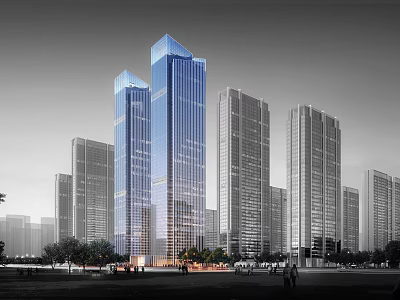 Modern Office Towers With Glass Curtain Wall Urban Skyline And Landscaped Surroundings 3d model