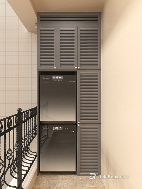 Modern Home Balcony Design With Gray Louvered Storage Cabinet And Black Iron Railing 3d model 