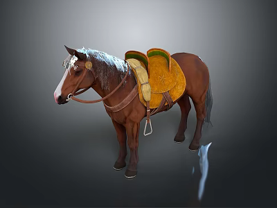 Brown Horse With Yellow And Green Saddle And White Mane On Gray Background 3d model