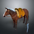 Brown Horse With Yellow And Green Saddle And White Mane On Gray Background