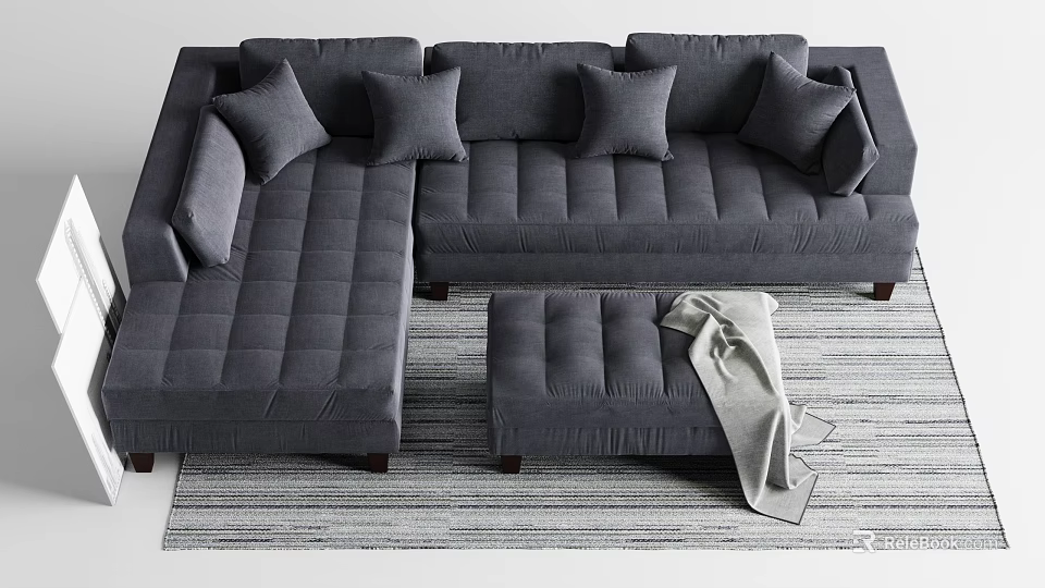 Gray Sectional Sofa Set with Multiple Cushions Ottoman and Throw Blanket on Striped Rug 3d model