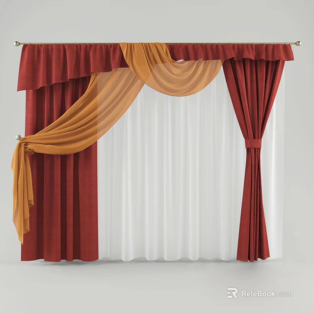Red And Orange Window Curtains With White Sheer Layers And Elegant Draped Design 3d model