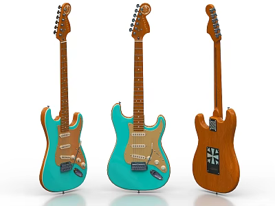 Three Electric Guitars With Different Colors And Unique Body Designs 3d model