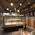 Cozy Bakery Interior With Brick Walls Glass Display Cases Hanging Lights and Fresh Pastries
