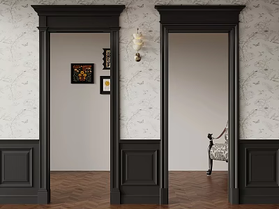 Interior Scene With Black Door Frames Patterned Wallpaper Brown Herringbone Floor Decorative Paintings Wall Clock And Chair 3d model