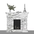 Marble Fireplace Interior Design With Eiffel Tower Model Plants Books And Flames