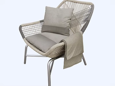 Stylish Rattan Leisure Chair With Metal Legs Gray Cushion Pillow And Draped Blanket 3d model