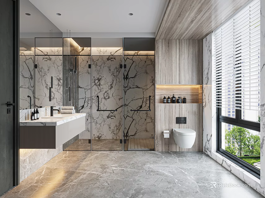 Modern Bathroom Interior With Marble Walls Glass Shower Enclosure And Wooden Accents 3d model 