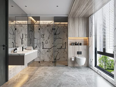 Modern Bathroom Interior With Marble Walls Glass Shower Enclosure And Wooden Accents 3d model