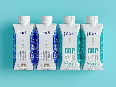 Premium Pure And CBP High Calcium Milk Bottles With White Packaging And Blue Patterns 3d model