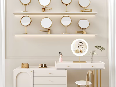 Elegant Round Bathroom Mirrors On Wall Mounted Shelves With Lighting And Vanity Table Decorations 3d model