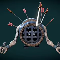 Game Movie Character with Wooden Barrel Body Skull Face Arrows Swords Extended Arms and Chains