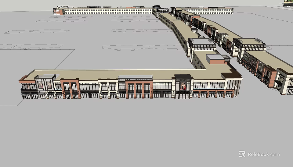 Modern Commercial Street With Row Buildings Continuous Storefronts And Pedestrian Walkway 3d model 
