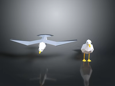 Origami Style Seagulls One Flying and One Standing on Dark Background with Reflections 3d model
