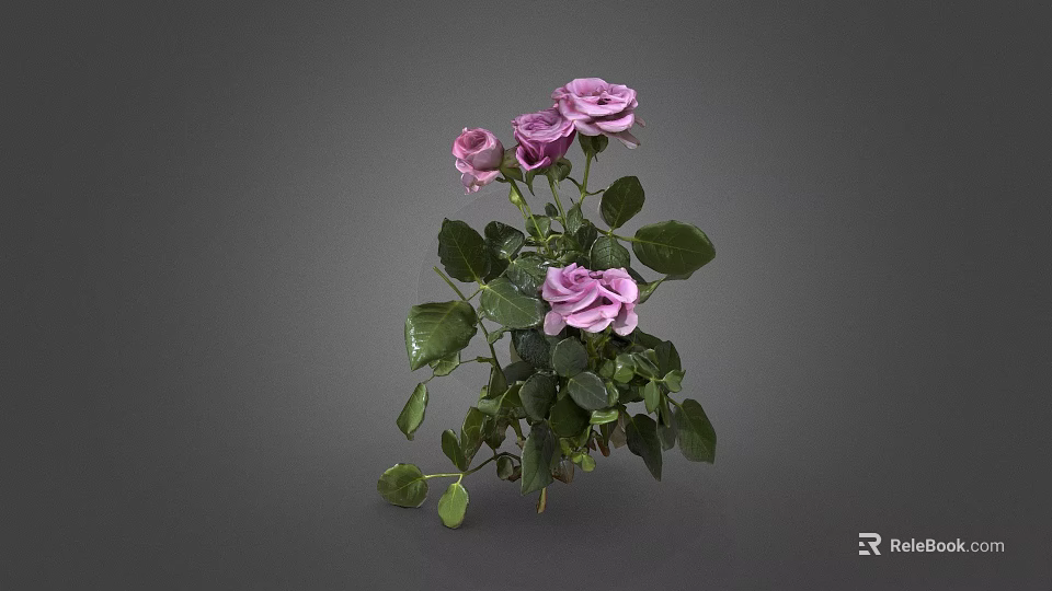 Decorative Vase with Purple Roses and Green Leaves Fresh Floral Arrangement 3d model 