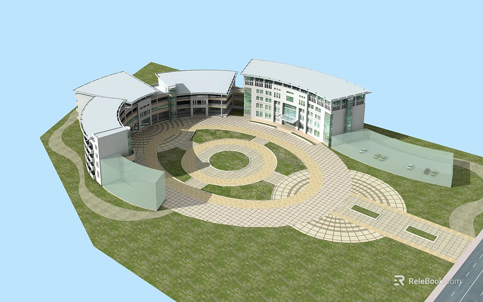Modern Architectural Complex Design with Curved Roofs Circular Courtyard and Paved Ground 3d model 